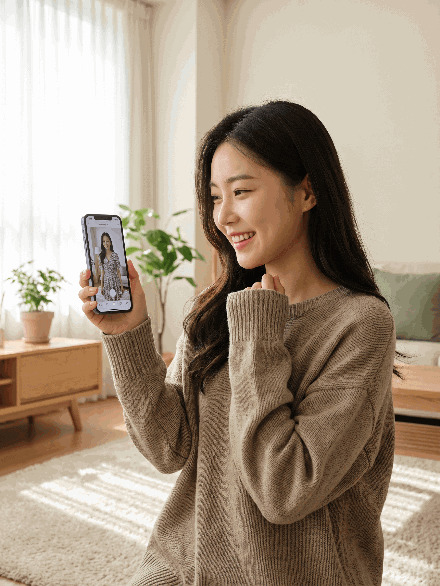 고객이 스마트폰으로 직접 가상 피팅 결과를 확인하는 장면