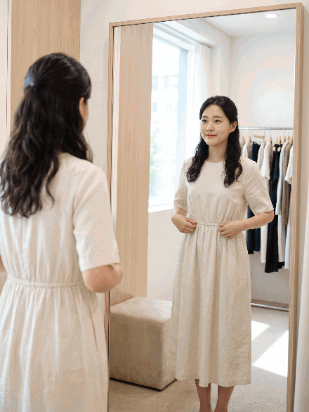 전신 거울 앞에서 원피스의 핏과 실루엣을 확인하는 장면